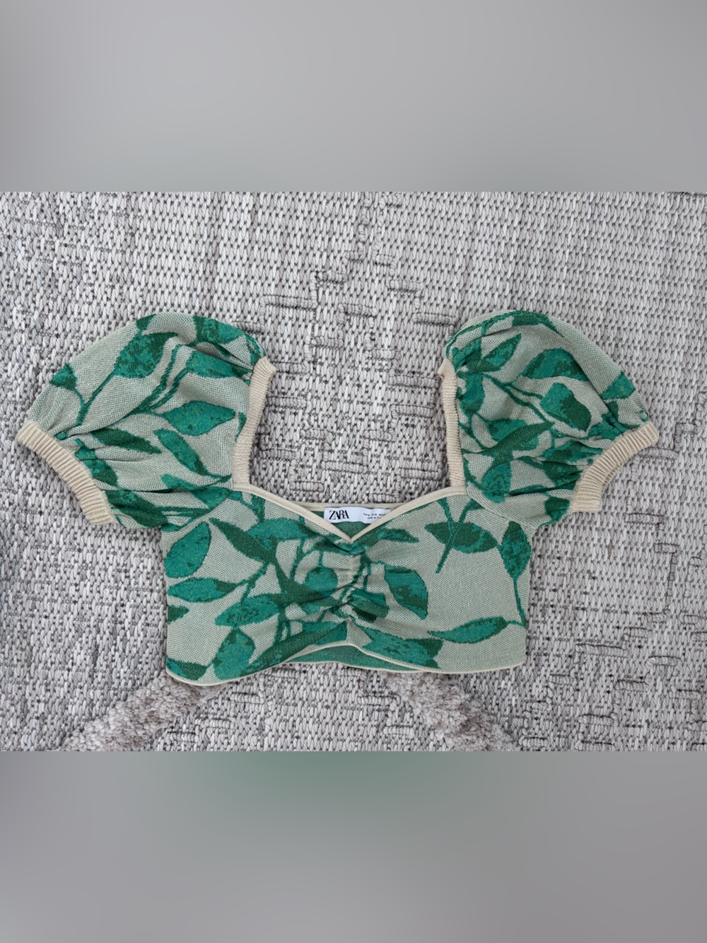 Zara Green Leaf Knit Crop Top with Cream Trim